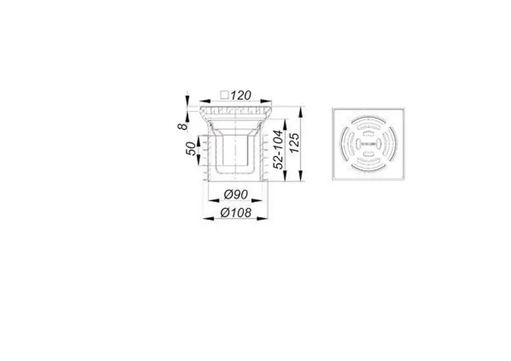 Bodenablauf von Dallmer mit quadratischem Gitterdesign, Angabe der Durchmesser und Abmessungen sowie Abflussdetails in technischer Zeichnung.