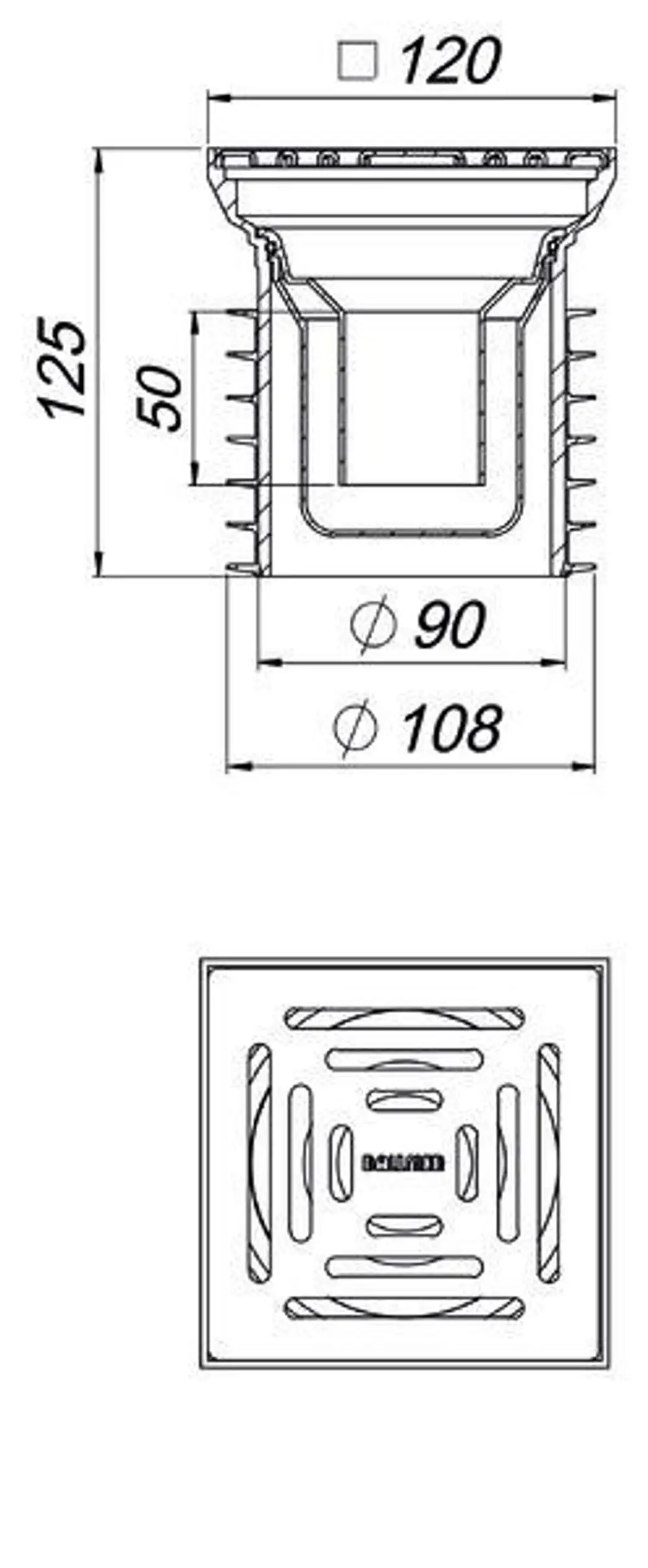 Schematische Darstellung eines Dallmer Bodenablaufs mit quadratischem Design, seitlichen Abflussöffnungen und einem inneren runden Bereich für die Wasseraufnahme.