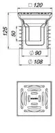 Schematische Darstellung eines Dallmer Bodenablaufs mit quadratischem Design, seitlichen Abflussöffnungen und einem inneren runden Bereich für die Wasseraufnahme.