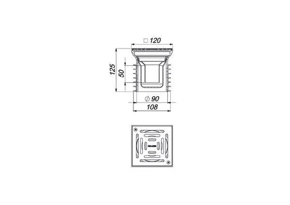 Dallmer Bodenablauf, quadratischer Ablauf mit Deckel, eine Öffnung für den Anschluss, Maße und Details zur Befestigung sind im technischen Zeichnungsstil dargestellt.