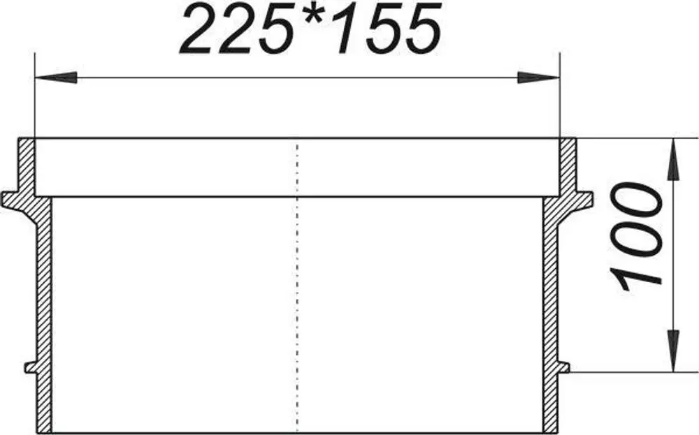 Dallmer Verlängerungsrahmen mit einem querschnittsähnlichen Design, mit Maßen und einer vertikalen Ansicht. Die Seitenansicht zeigt die Kante und die Struktur des Rahmens.