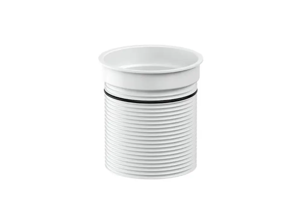 Weißer, zylindrischer Aufsatz mit gerillter Oberfläche und schwarzem Rand. Produktelement von Dallmer, geeignet für Sanitäranwendungen.