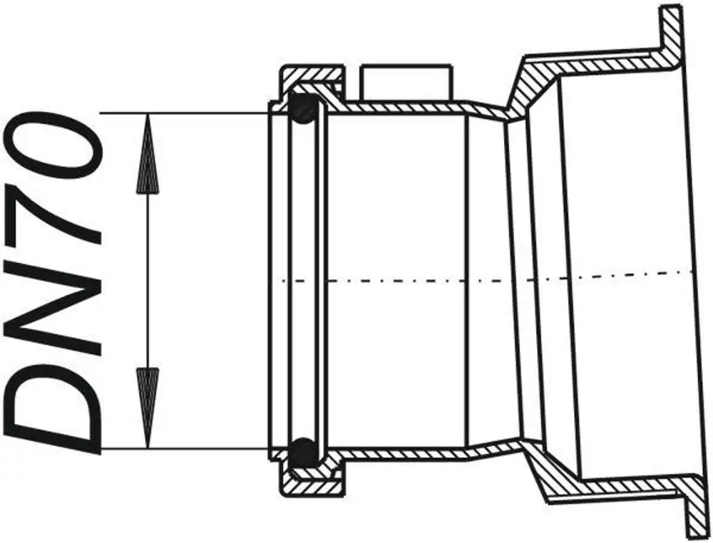 Dallmer Anschluss-Muffe mit einem durchgehenden Rohrsystem, betont durch klare Linien und eine einfache Verbindungstechnik. Diagramm zeigt die Montageöffnung und Struktur.