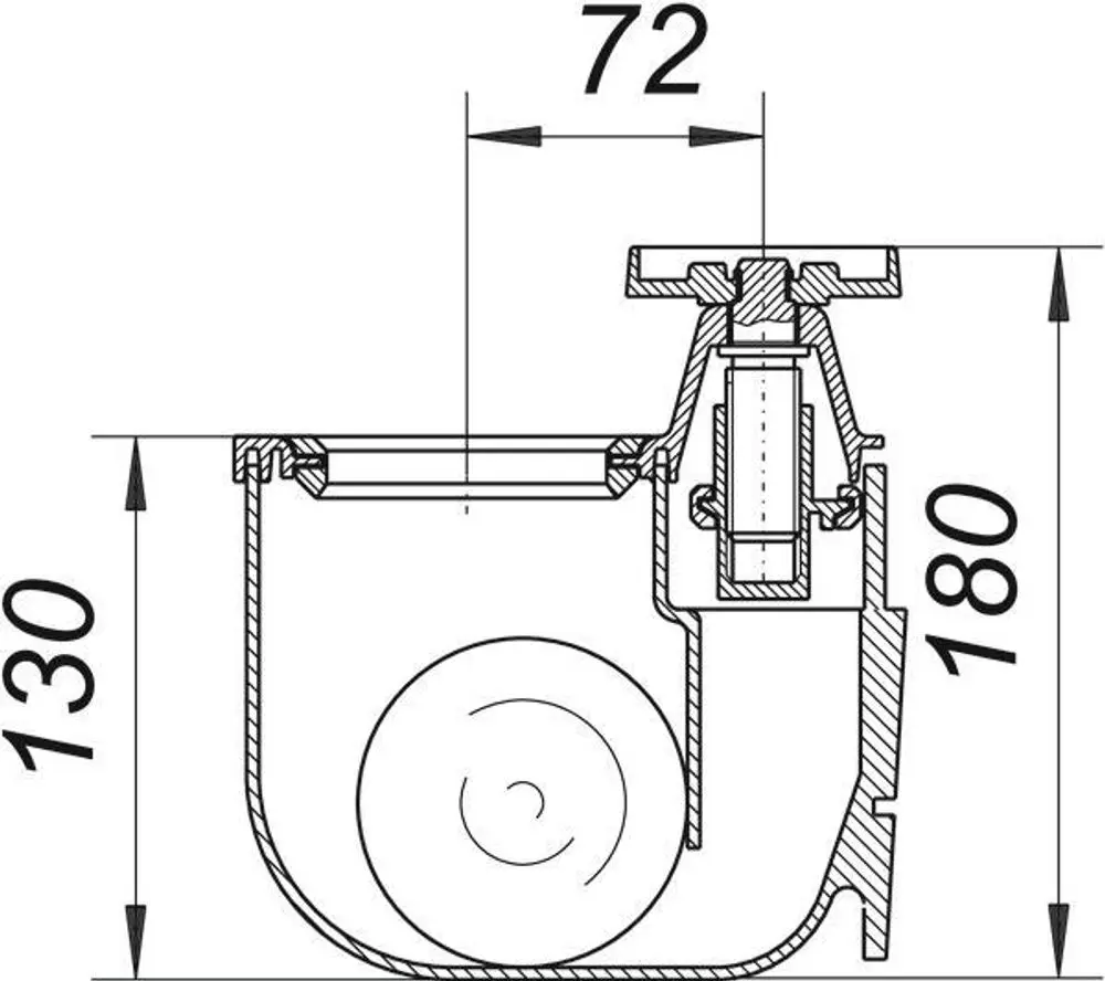 Schnittzeichnung eines Dallmer-Produktes mit einem runden Element und mehreren integrierten Komponenten, inklusive einer Funktion zur Ballstau-Steuerung.