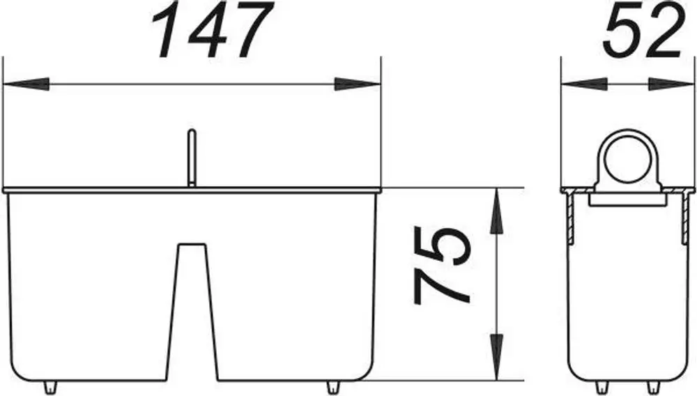 Dallmer Schlammeimer mit klaren Konturen, Ansicht von vorne und der Seite, zeigt Abmessungen und strukturelle Details in einer technischen Zeichnung.