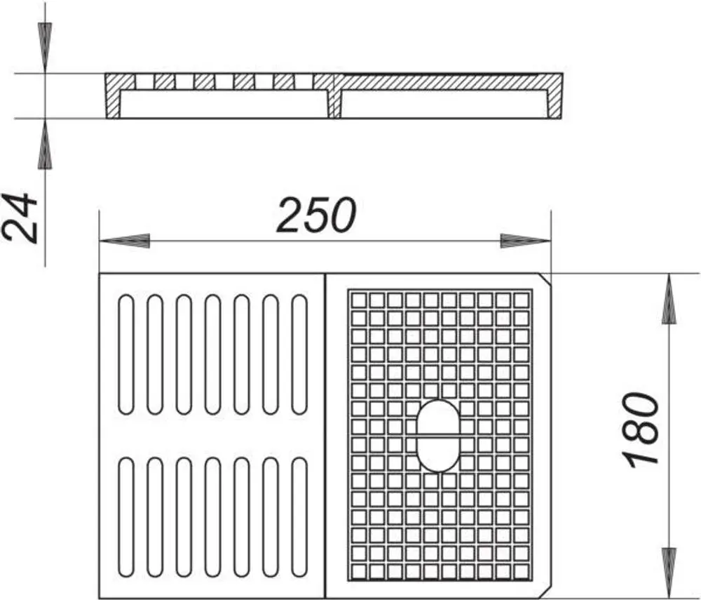 Dallmer Rost mit rillierter und gitterförmiger Oberfläche, vorgesehen zur Abdeckung eines Ballstau-Systems. Maße und Details sind im Bild ersichtlich.