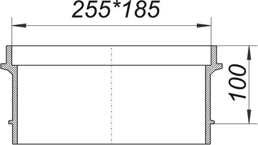 Schematische Darstellung eines Verlängerungsrahmens von Dallmer mit einem Durchmesser von 100 mm und den Maßen 255 x 185 mm, zeigt seitliche Ansicht und Maßlinien.