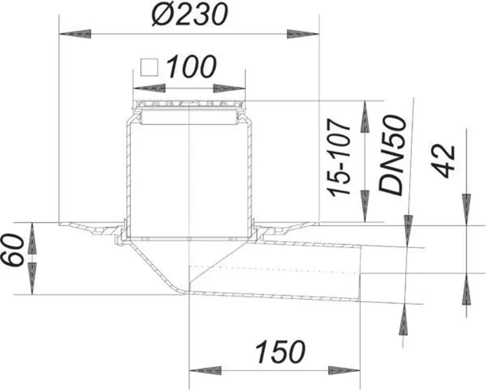 Dallmer Balkonablauf mit quadratischem Anschluss. Sichtbare Maße und Rohre in einer schematischen Darstellung. Geometrische Schnittansicht mit angegebenen Dimensionen.