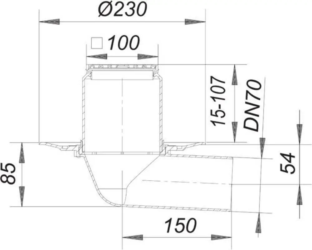 Dallmer Balkonablauf mit einem Durchmesser von 230 mm und Anschluss DN 70, dargestellt in Querschnitt, mit Abmessungen und Anschlussdetails.