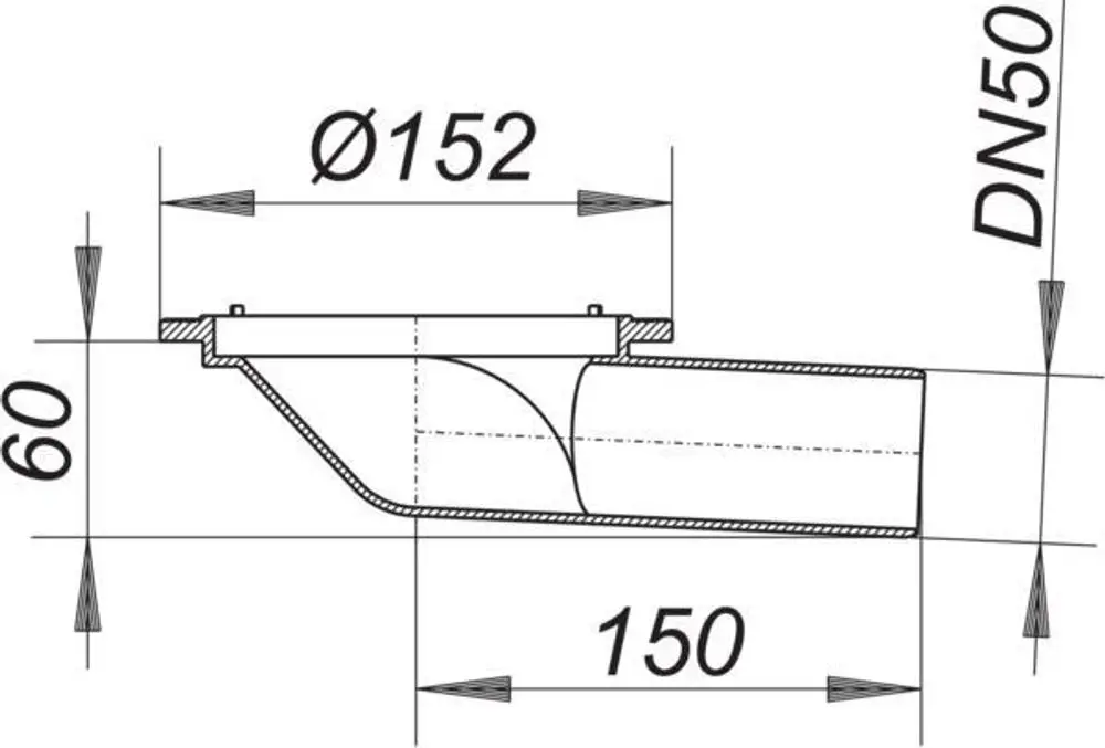 Dallmer Balkonablaufgehäuse mit einem Durchmesser von 152 mm, seitlichem Abfluss und einer Höhe von 60 mm. Das Gehäuse ist zur Entwässerung auf Balkonen vorgesehen.