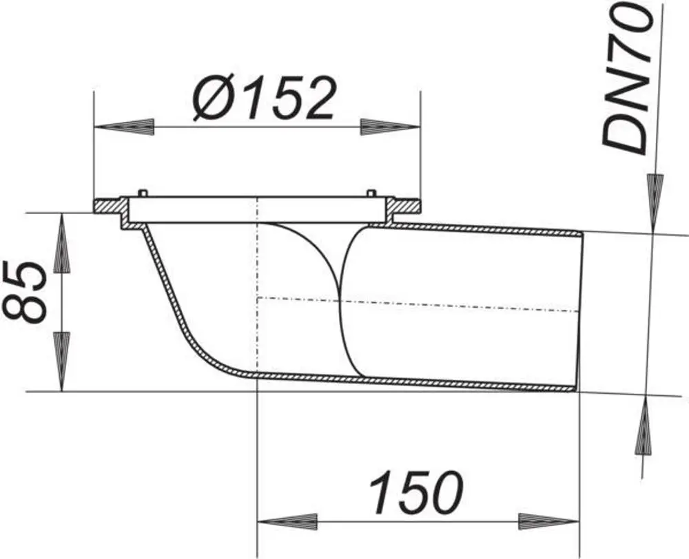 Dallmer Balkonablaufgehäuse mit angeschlossenem Rohr, klar strukturiert, für die Entwässerung, mit sichtbaren Maßelementen und Anschlussdetails.