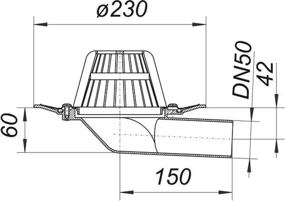 Dallmer Dachablauf mit Schraubflansch, dargestellt in einem technischen Schnitt, zeigt die Anschlussdetails und Dimensionen für die Montage im Dachbereich.