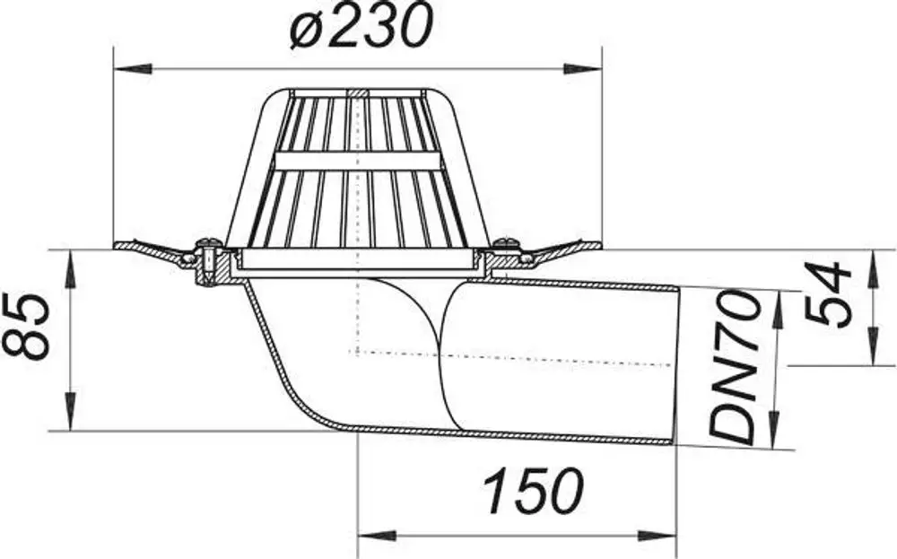 Dallmer Dachablauf mit Schraubflansch, gezeigt in Seitenansicht. Die technischen Details wie Durchmesser und Höhenmaße sind im Diagramm vermerkt.