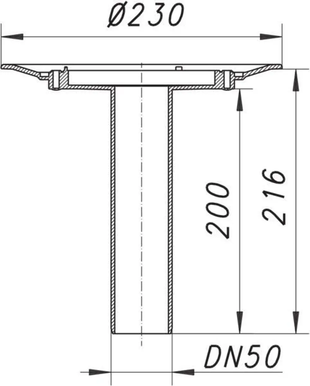 Dallmer Balkonablaufgehäuse mit kreisförmigem oberen Teil, einem senkrechten Rohr und seitlichen Abmessungen für die Verbindung. Diagramm zeigt Maße und Durchmesser.
