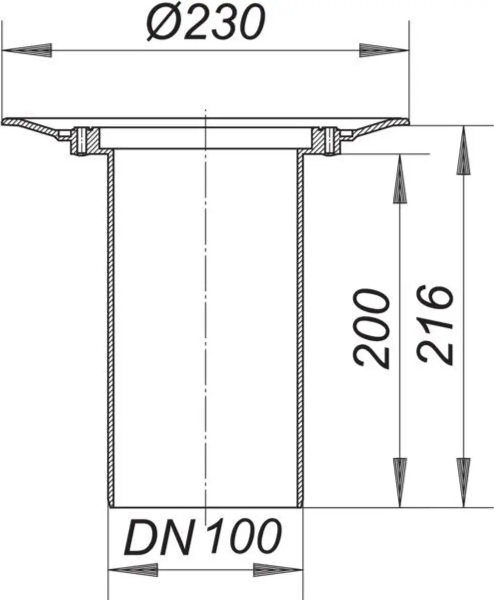 Bosch Dallmer Ablaufgehäuse mit einem Durchmesser von 230 mm und einem vertikalen Rohr, das eine Länge von 200 mm und eine Höhe von 216 mm aufweist.