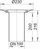 Bosch Dallmer Ablaufgehäuse mit einem Durchmesser von 230 mm und einem vertikalen Rohr, das eine Länge von 200 mm und eine Höhe von 216 mm aufweist.