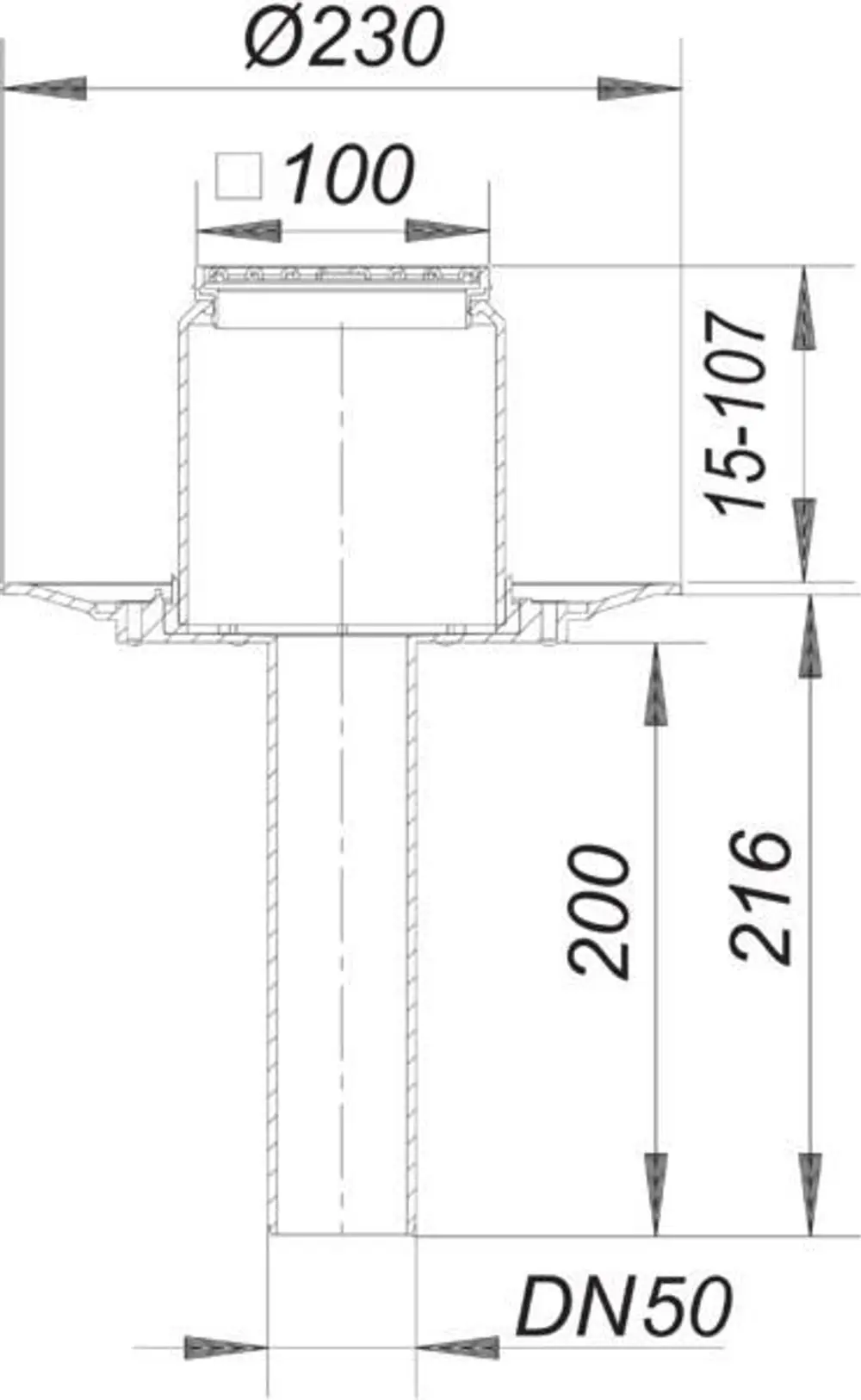 Dallmer Balkonablauf mit quadratischem Deckel. Verbindung DN 50, Abmessungen und Durchmesser sind schematisch dargestellt.