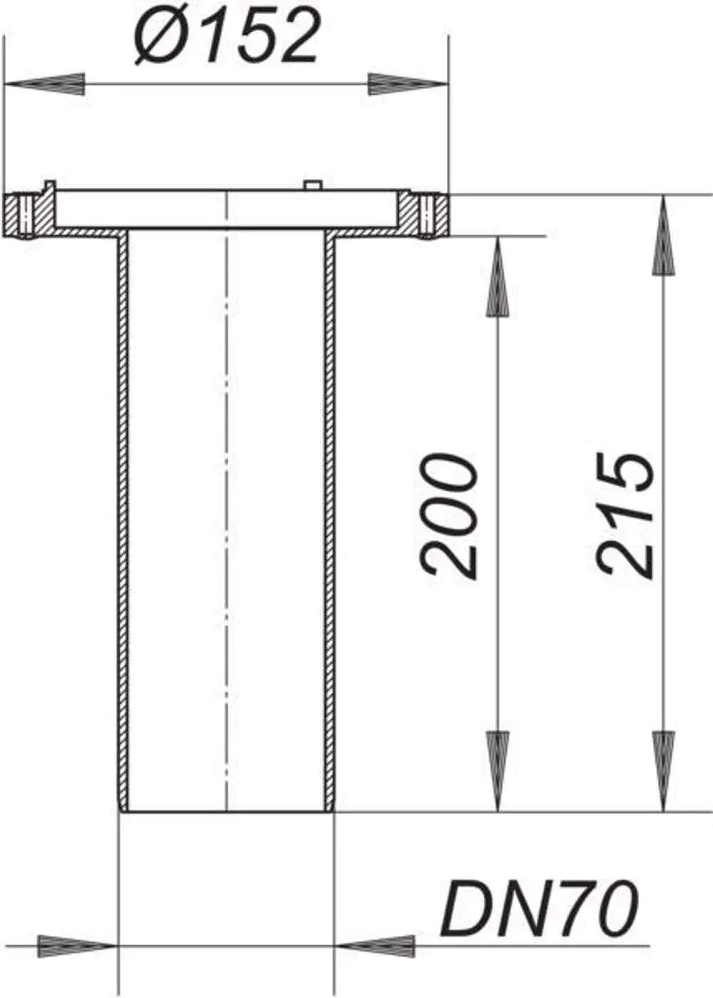 Dallmer Ablaufgehäuse mit zylindrischer Form und zwei Abflussrohren, dargestellt in technischer Zeichnung mit klaren Maßen und Durchmessern.