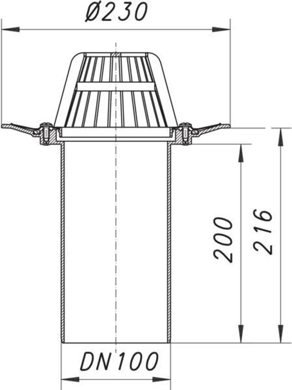 Dallmer Dachablauf mit Schraubflansch, zylindrischer Körper und einem Durchmesser von 230 mm. Rohranschluss DN 100. Abmessungen für Montage dargestellt.
