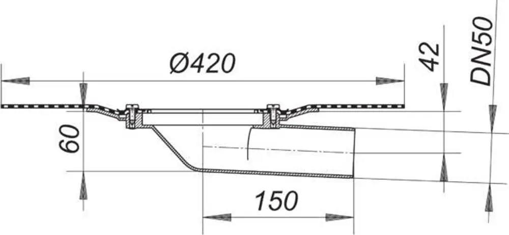 Dallmer Balkonablaufgehäuse mit horizontalem Anschluss, dargestellt in technischen Zeichnungen, zeigt Abmessungen und Verbindungen für die Installation.