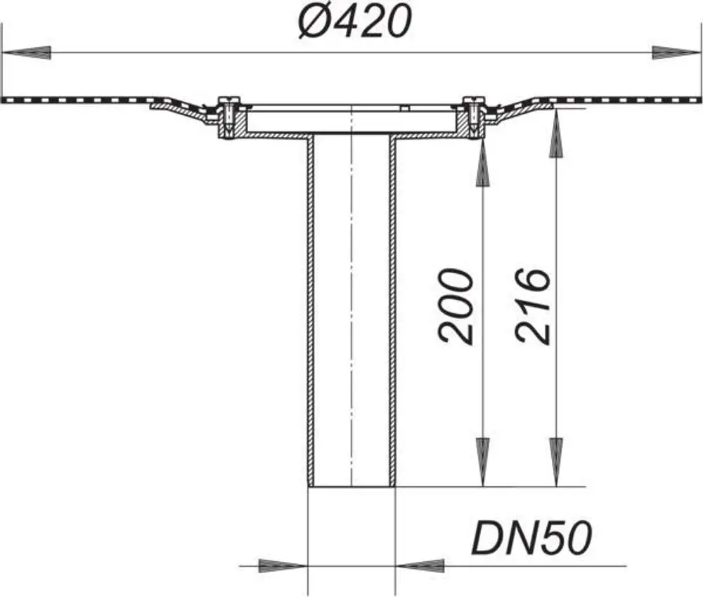 Schematische Darstellung eines Balkonablaufgehäuses von Dallmer mit Durchmesser 420 mm und verschiedenen angegebenen Maßen für Installation und Anschluss.
