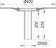 Schematische Darstellung eines Balkonablaufgehäuses von Dallmer mit Durchmesser 420 mm und verschiedenen angegebenen Maßen für Installation und Anschluss.