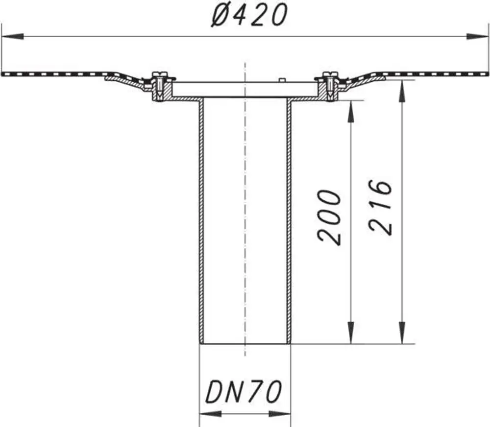 Dallmer Balkonablaufgehäuse mit runder Öffnung, vertikaler Schnittansicht. Maße sind nicht angegeben, aber das Rohr hat einen Durchmesser von 420 mm und eine DN 70 Anschlussgröße.