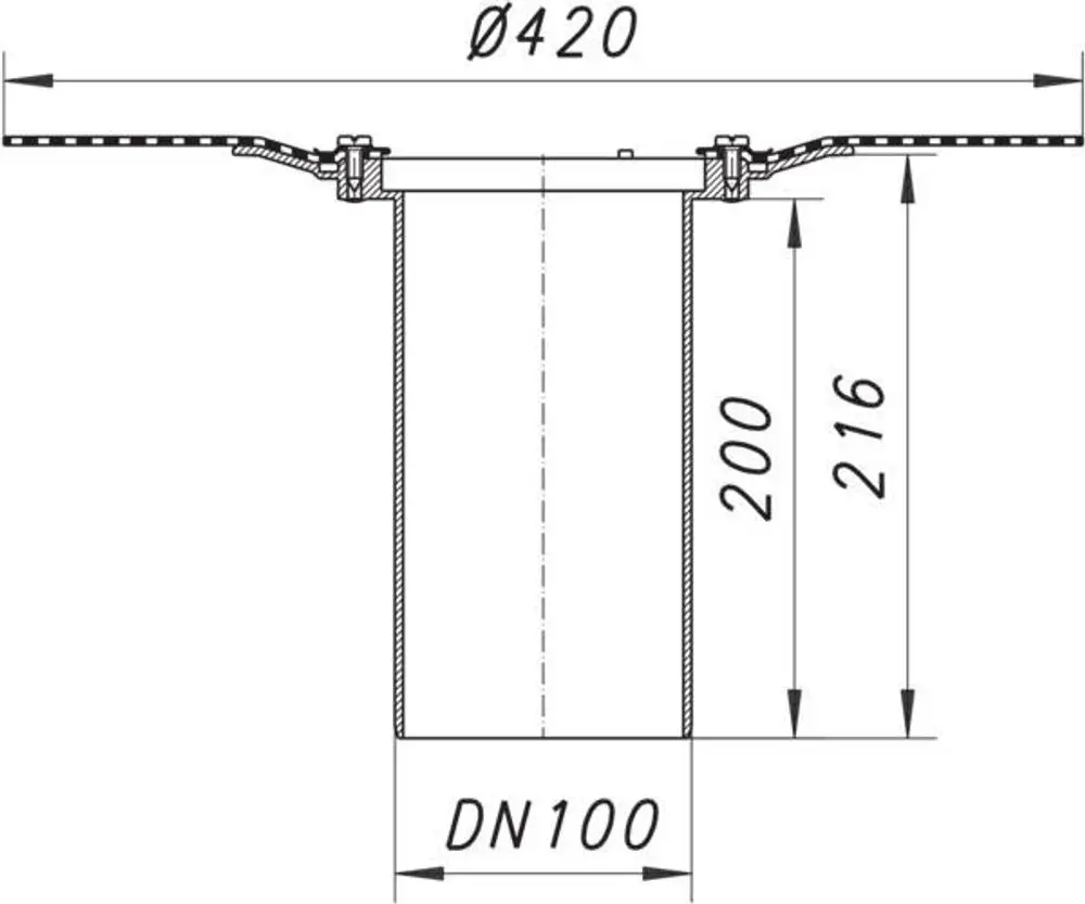 Dallmer Ablaufgehäuse mit einem Durchmesser von 420 mm und einer vertikalen Länge. Das Gehäuse ist für einen DN 100 Anschluss ausgelegt.