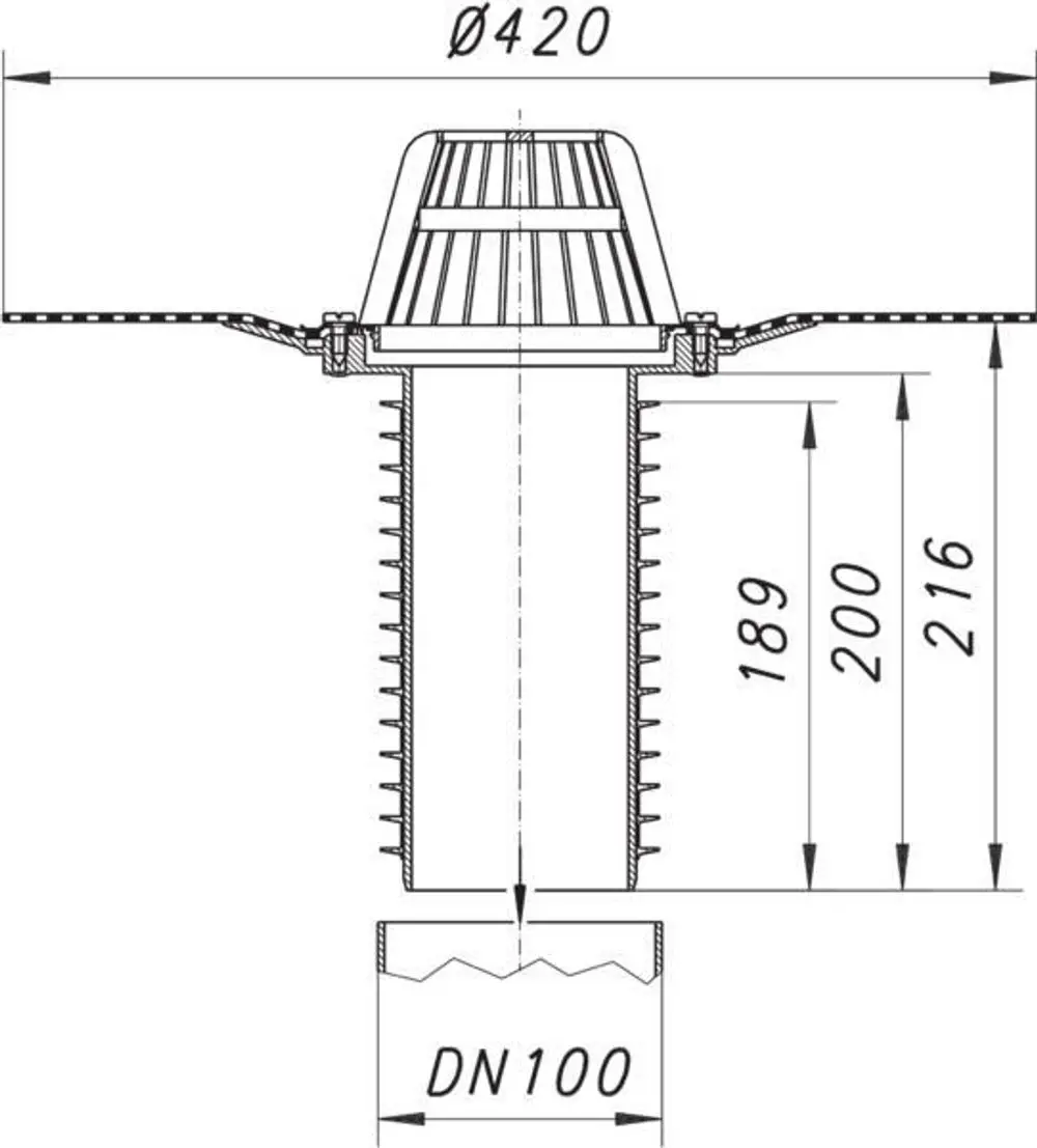Dallmer Dachablauf mit zentralem Rohr und gelochter Abdeckung, angezeigt in einem technischen Schnitt. Maße und Anschlussdetails sind im Diagramm dargestellt.