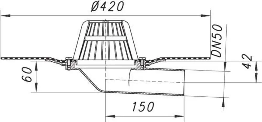 Dallmer Dachablauf mit einem Durchmesser von 420 mm. Sichtbare Anschlussleitung DN 50 für die Entwässerung. Diagramm mit Maßangaben und Installationsdetails.