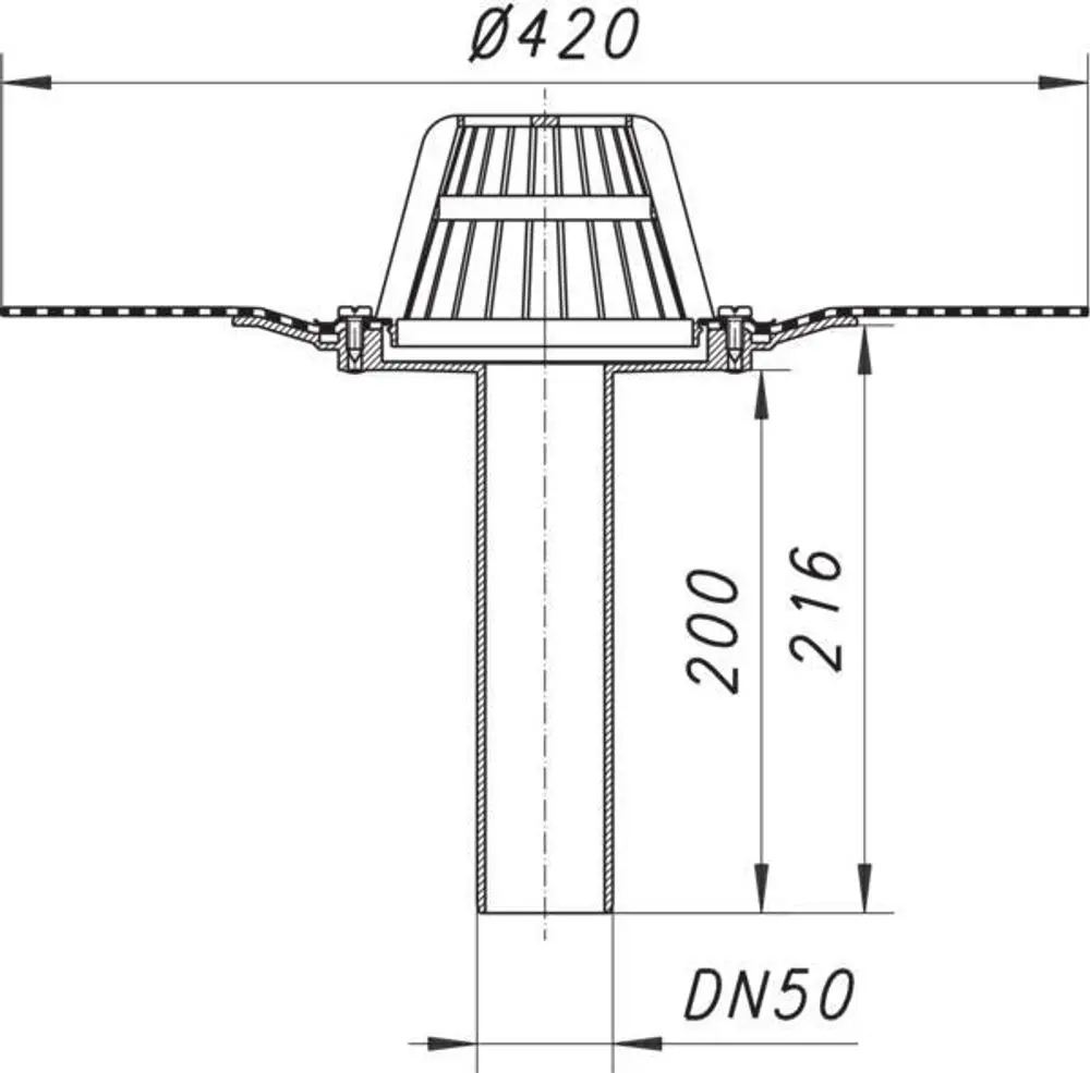 Dallmer Dachablauf mit einem Durchmesser von 420 mm und einer Höhe von 216 mm. Das Produkt zeigt eine vertikale Rohrstruktur für die Entwässerung.