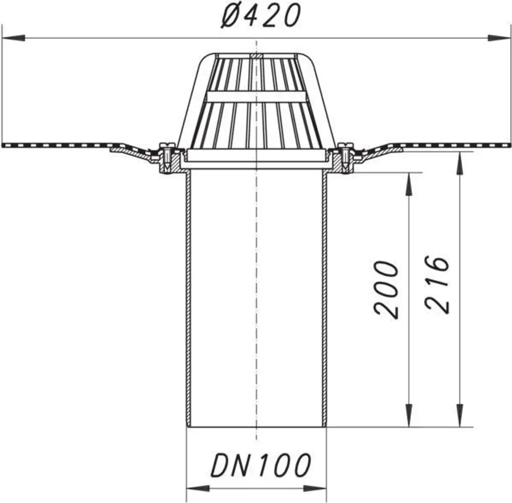 Dallmer Dachablauf, schematische Darstellung mit Durchmesser 420 mm und DN 100, senkrechter Rinnenabschnitt mit Einfangkorb. Maßangaben sind im Bild sichtbar.