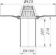 Dallmer Dachablauf, schematische Darstellung mit Durchmesser 420 mm und DN 100, senkrechter Rinnenabschnitt mit Einfangkorb. Maßangaben sind im Bild sichtbar.