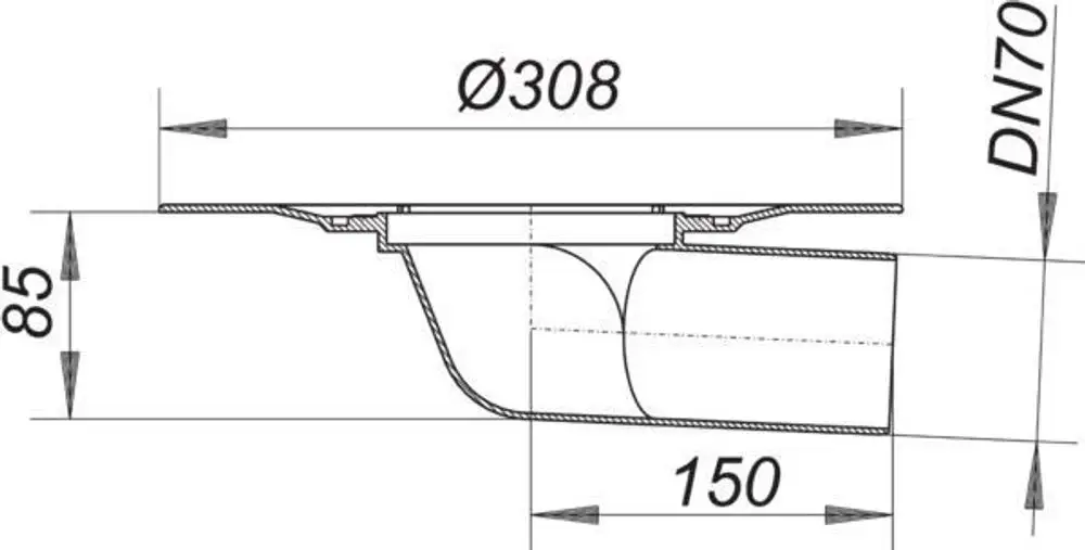 Dallmer Balkonablaufgehäuse mit seitlichem Anschluss, mit einem Durchmesser von 308 mm und einem Abfluss von 70 mm, schematisch dargestellt mit verschiedenen Maßen.