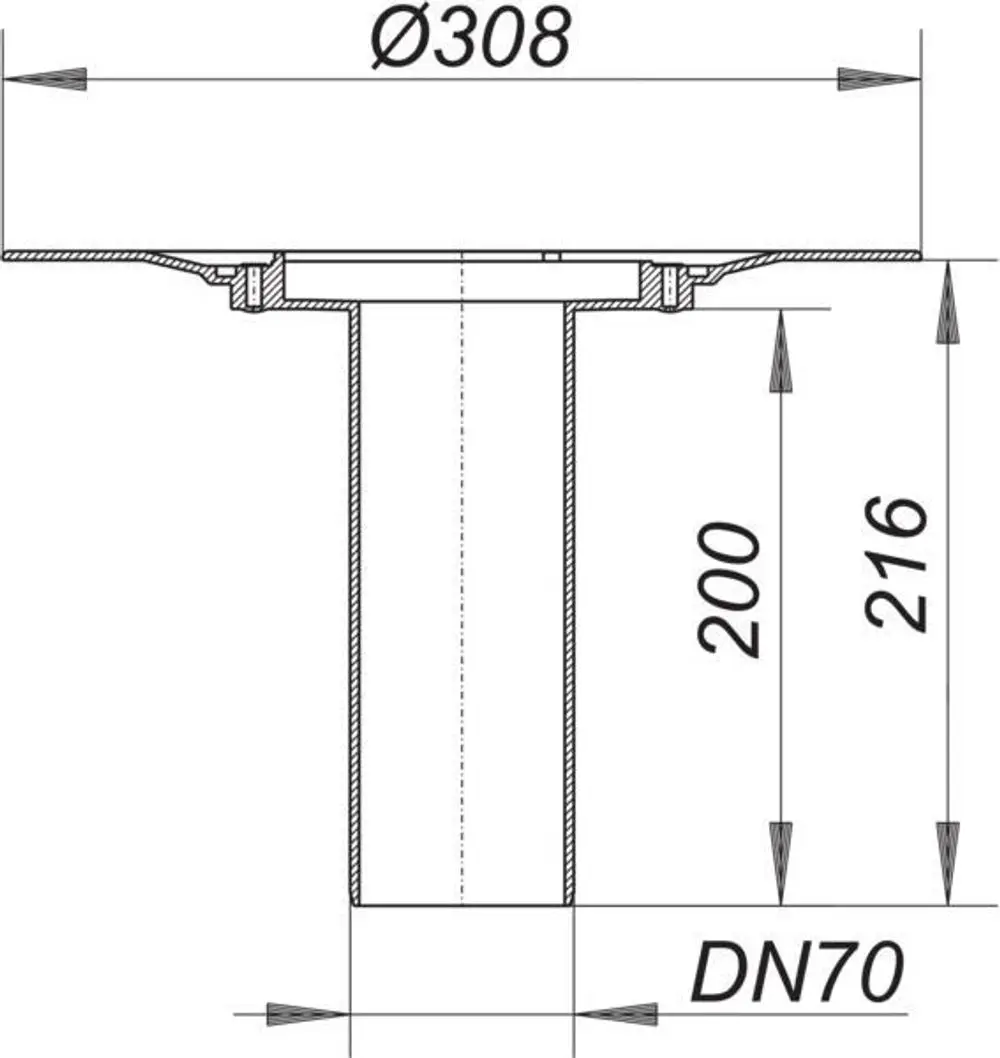 Dallmer Balkonablaufgehäuse mit einem Durchmesser von 308 mm und einer Abflussöffnung von DN 70, vertikal strukturiert mit Maßlinien für Installation.