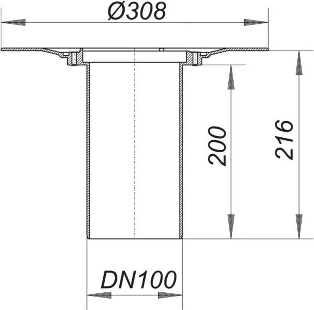 Dallmer Balkonablaufgehäuse mit einem Durchmesser von 308 mm und einer Höhe von 216 mm, geeignet für DN 100 Abwasseranschluss. Schnittansicht des Produkts.