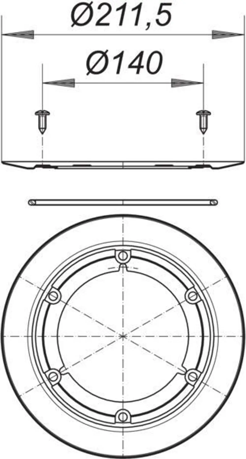 Dallmer Flanschring mit zwei Durchmessern, der eine ringförmige Struktur zeigt. Sichtbare Montagebohrungen sind angezeichnet, ohne zusätzliche Details zum Maß.