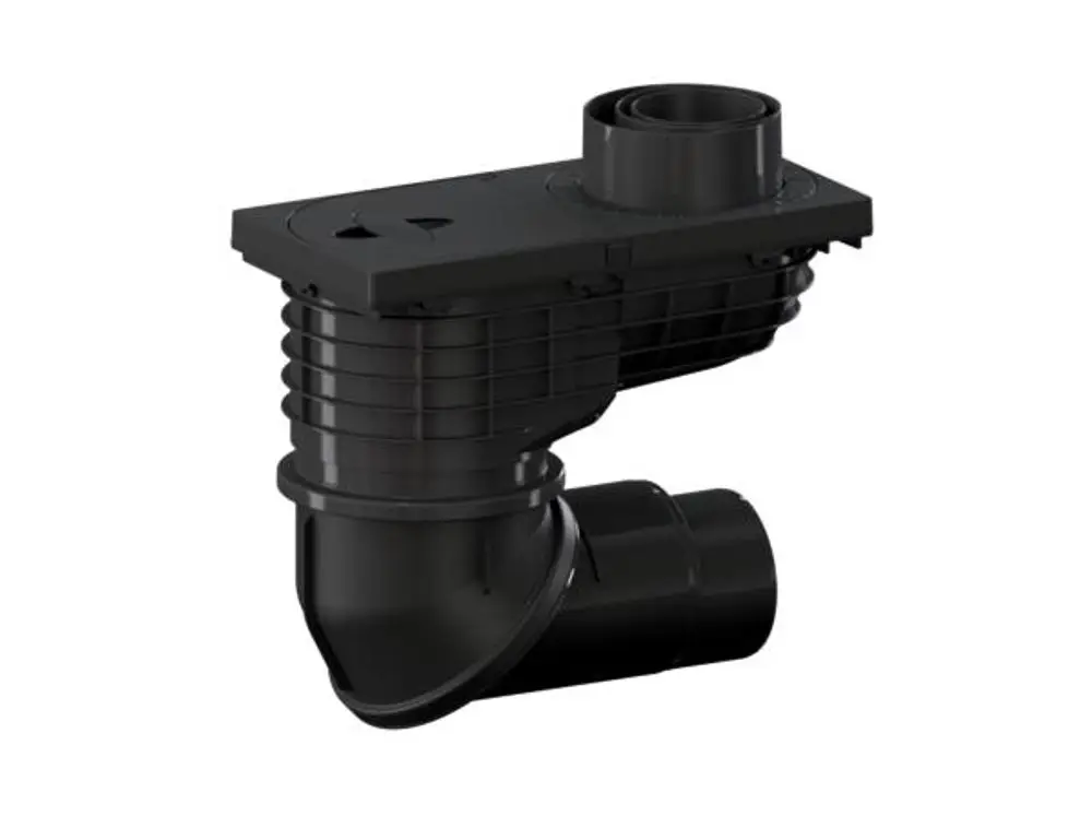 Dallmer-Abfluss für Regenwasser mit gebogenem Auslass und Befestigungselementen. Das Produkt zeigt eine schwarze Kunststoffoberfläche und mehrere Anschlüsse.