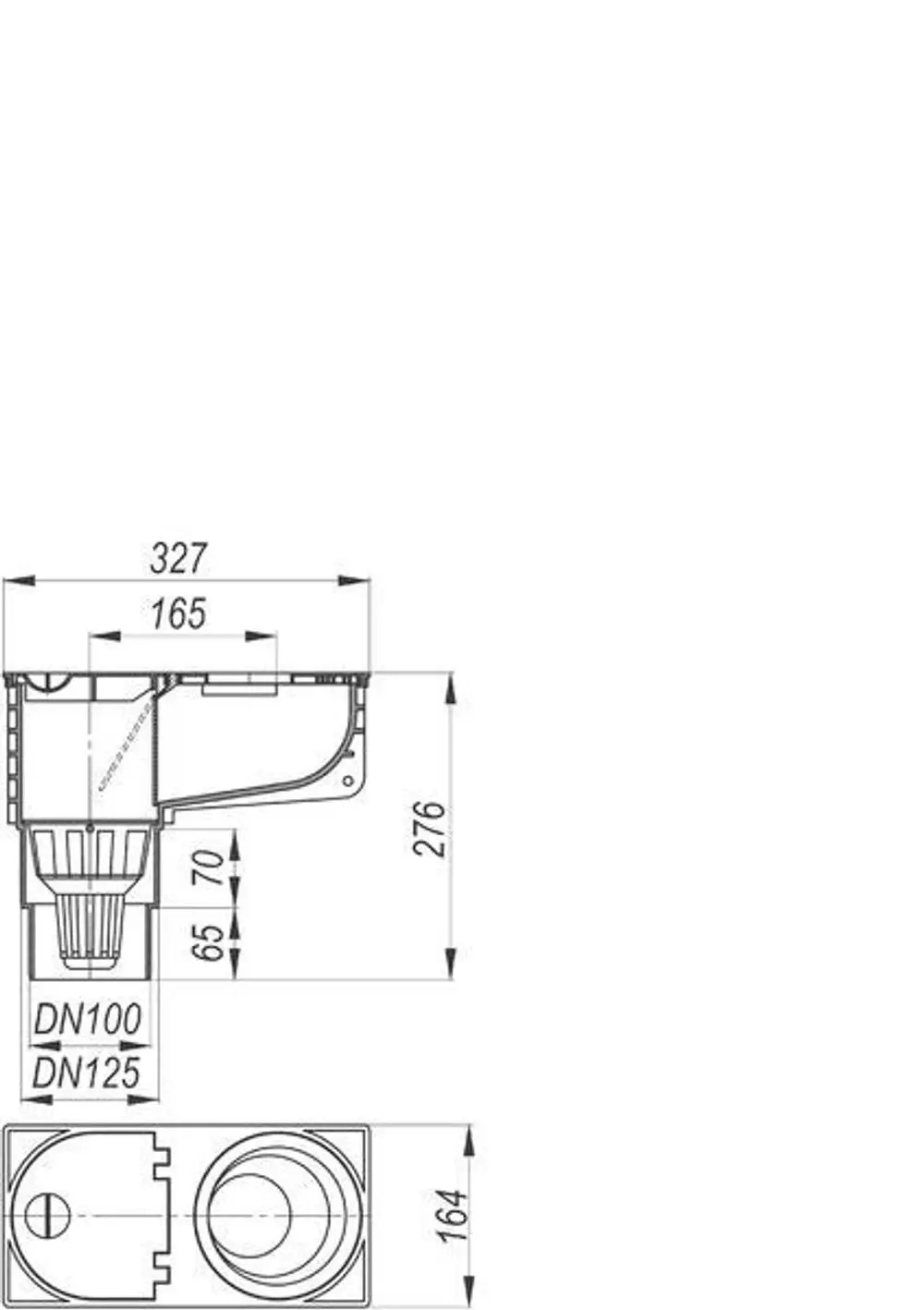 Dallmer Regenwasserablauf mit seitlichem Anschluss und integrierter Filtertechnik, dargestellt in einer technischen Zeichnung mit Maßen und Anschlussdetails.