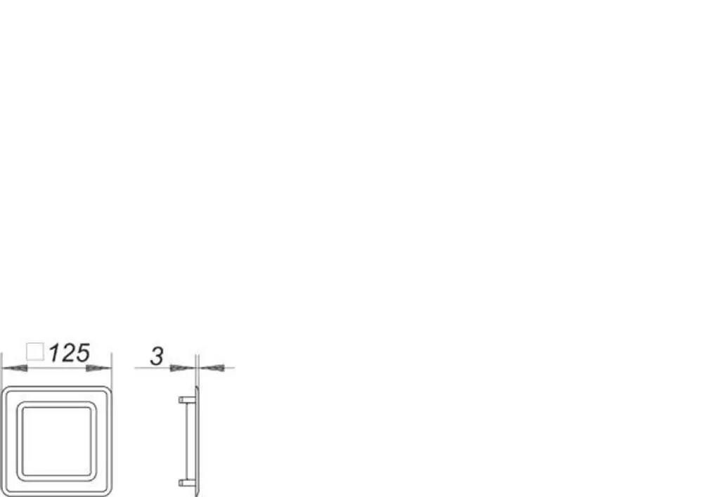 Weiße quadratische Abdeckung von Dallmer mit durchgehendem Rand und einem inneren Ausschnitt, dargestellt aus der Vorder- und Seitenansicht.