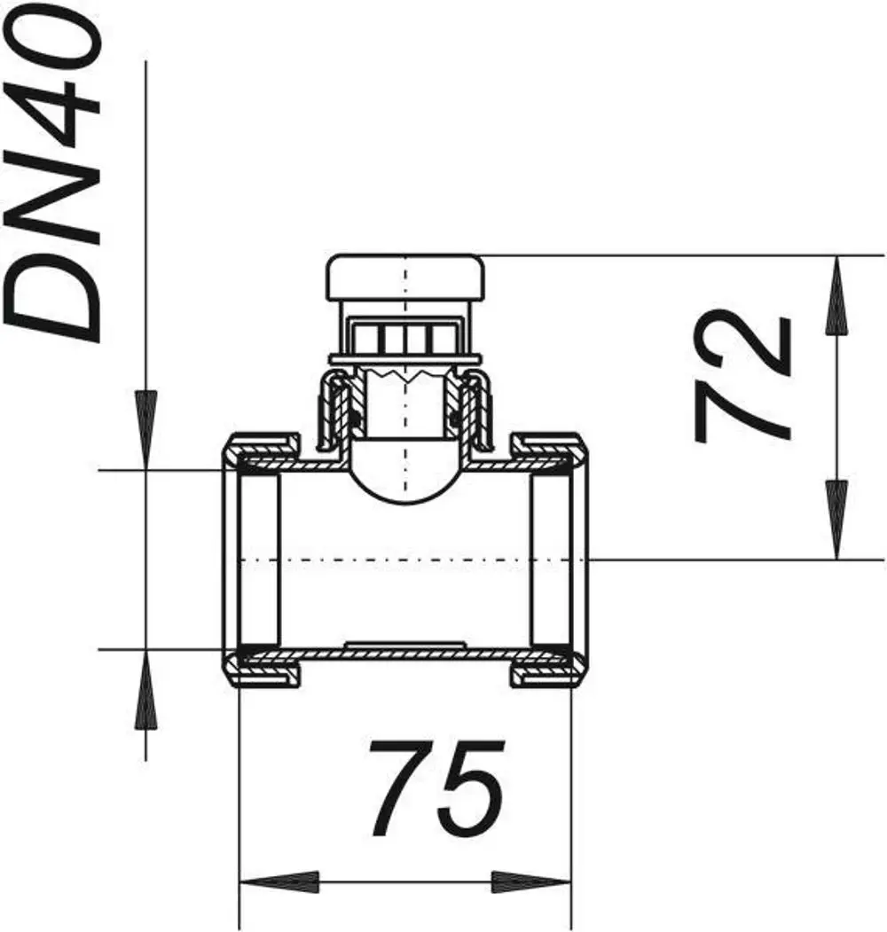 Dallmer Rohrbelüfter in Schnittansicht mit genormtem Durchmesser. Abmessungen sind dargestellt, einschließlich der Verbindungselemente. Klare geometrische Linienführung.