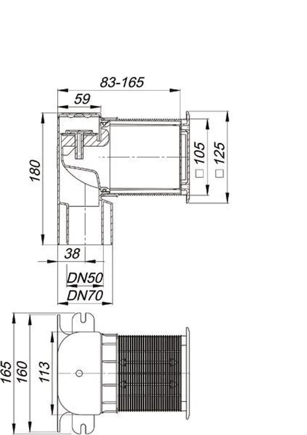 Rohrbelüfter von Dallmer mit integrierten dimensionierten Anschlüssen. Sichtbare Maße und Struktur, geeignet für die Installation in Sanitärsystemen.