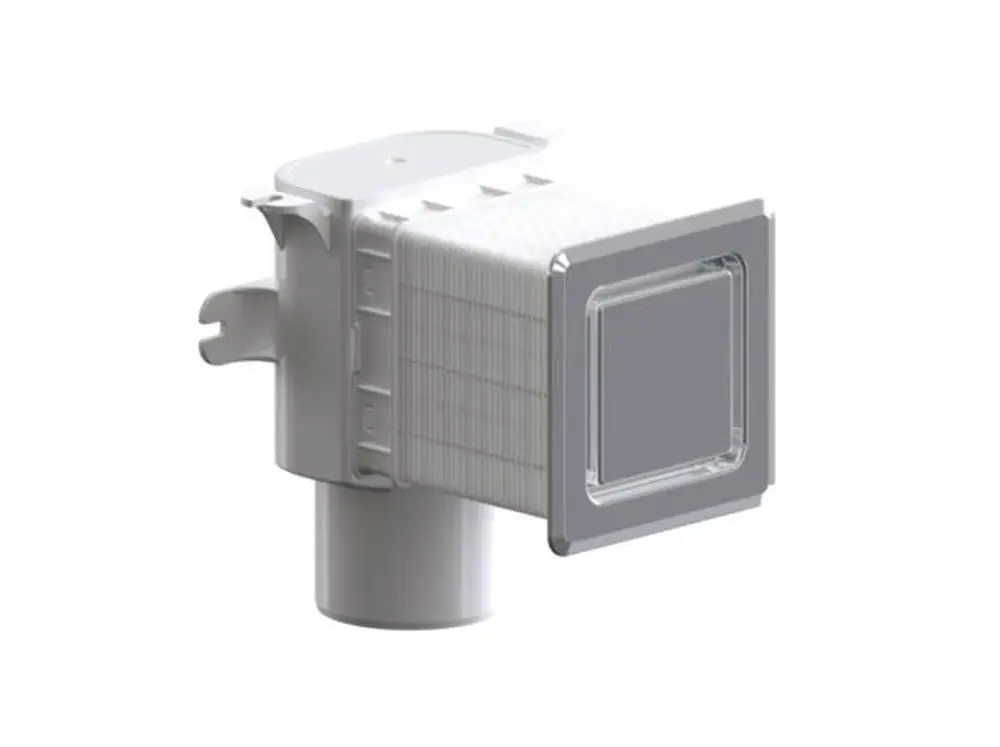 Dallmer Ventilationsgerät in Weiß mit quadratischem Auslass. Befestigungselemente seitlich, kombiniert mit einem zylindrischen Anschluss.