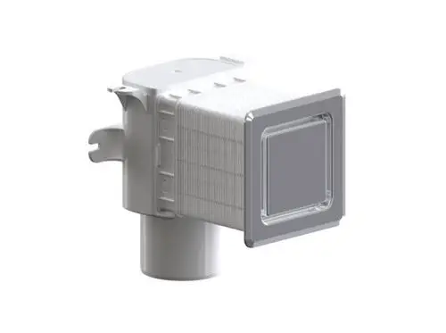 Dallmer Ventilationsgerät in Weiß mit quadratischem Auslass. Befestigungselemente seitlich, kombiniert mit einem zylindrischen Anschluss.