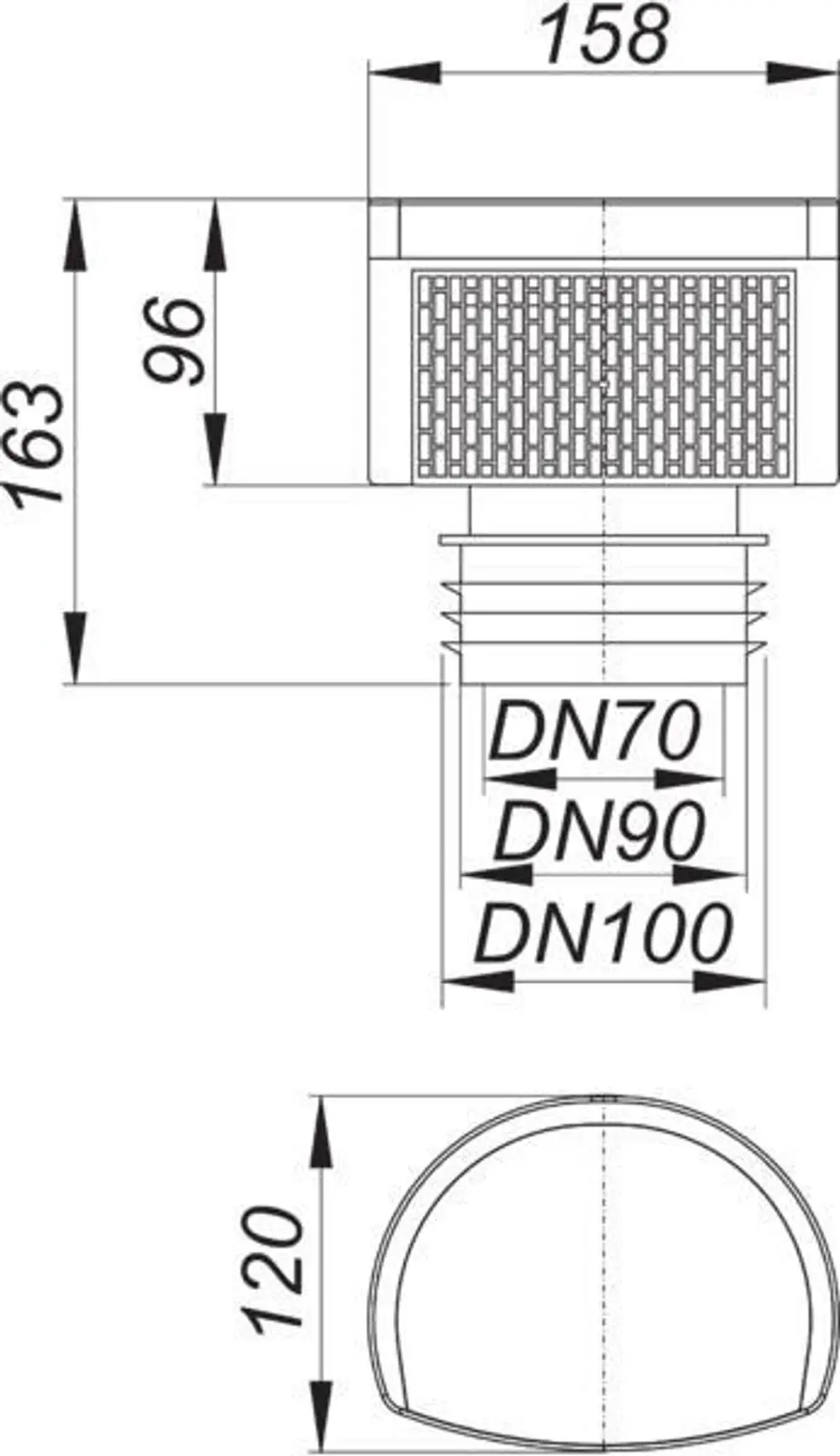 Rohrbelüfter von Dallmer mit Gitterstruktur, drei Anschlussmöglichkeiten und einer seitlichen Gewindeverbindung. Maße und DN-Optionen sind im technischen Diagramm dargestellt.