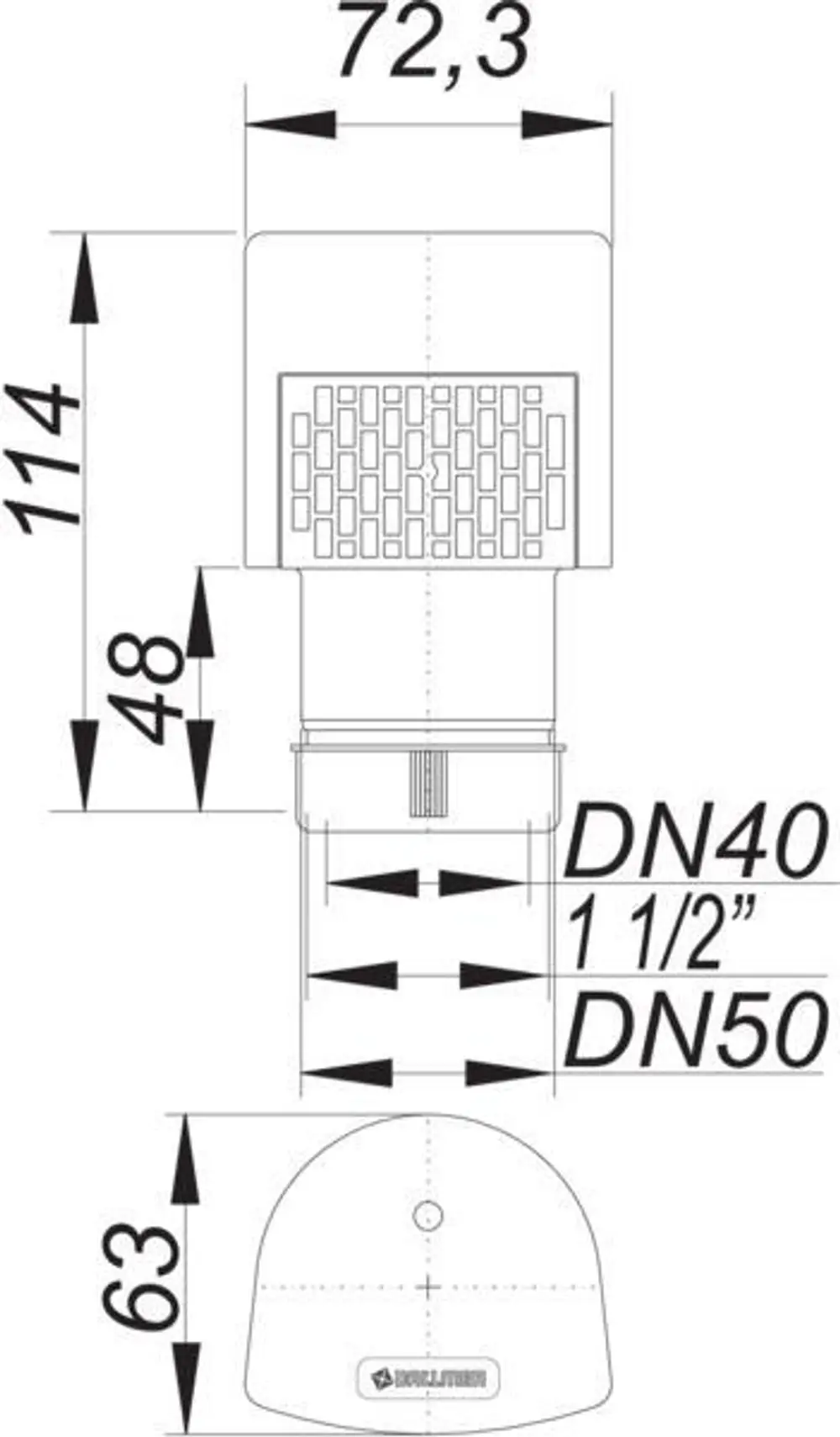 Rohrbelüfter von Dallmer mit quadratischem Kopf und gerillter Luftauslassfläche, montierbar mit DN 40 und DN 50 Anschlüssen. Oben abgerundete Kappe, Maße grafisch dargestellt.