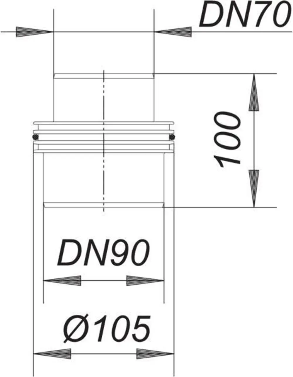 Technisches Zeichnungsdiagramm eines Einschubstutzens von Dallmer, mit typischen Rohranschlüssen und Durchmessern DN70 und DN90.