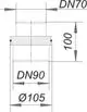 Technisches Zeichnungsdiagramm eines Einschubstutzens von Dallmer, mit typischen Rohranschlüssen und Durchmessern DN70 und DN90.