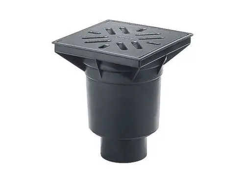 Dallmer Ablauf für Hof- und Parkdeck, mit quadratischer, gelochter Abdeckung und rundem Anschluss im unteren Bereich. Ideal für die Ableitung von Wasser.