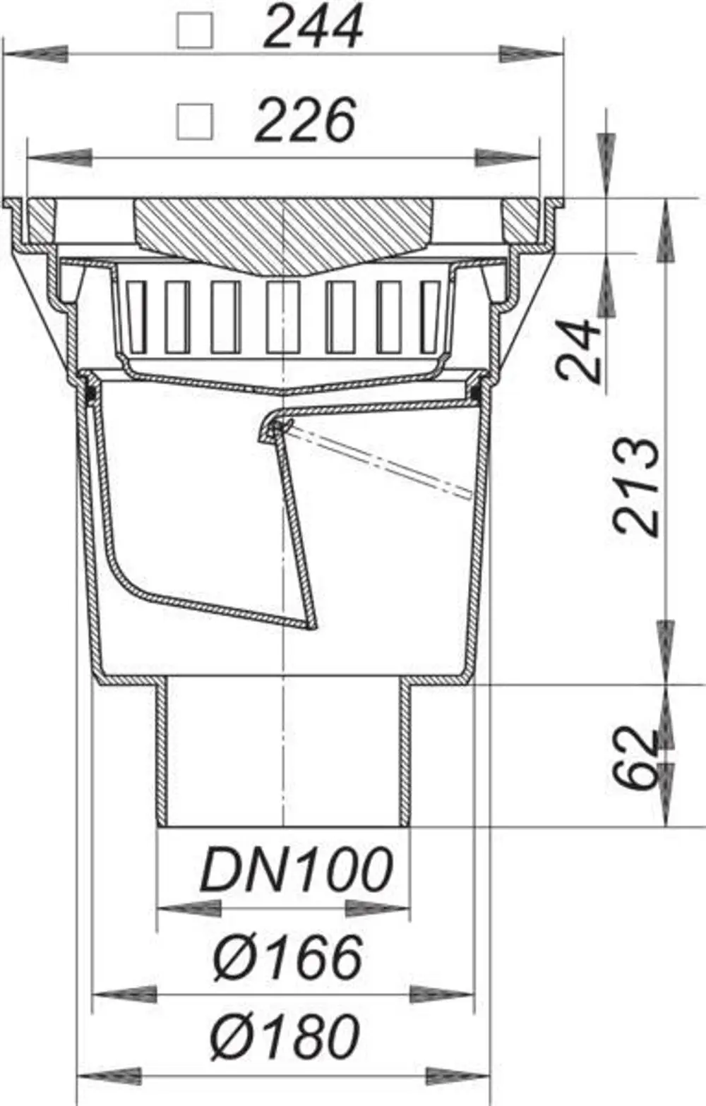 Dallmer Hof- und Parkdeckablauf, mit seitlichen Maßangaben und einem DN 100 Anschluss. Schnittdarstellung zeigt die Konstruktion und innere Details des Abflusses.